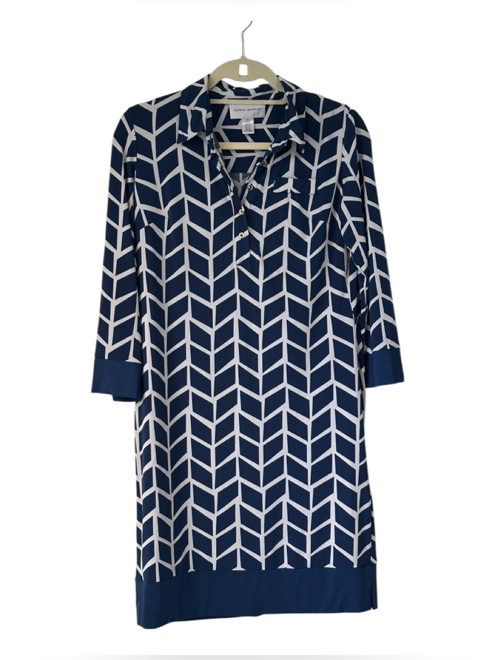 Donna Morgan Navy Blue White Mod Herringbone Henley Button Shift Dress 4